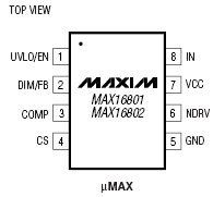 Расположение выводов MAX16801A/BMAX16802A/B